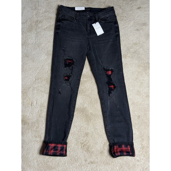 Women’s 7/28- Judy Blue Distressed Buffalo Plaid Skinny Fit Jeans NWT - Picture 2 of 5